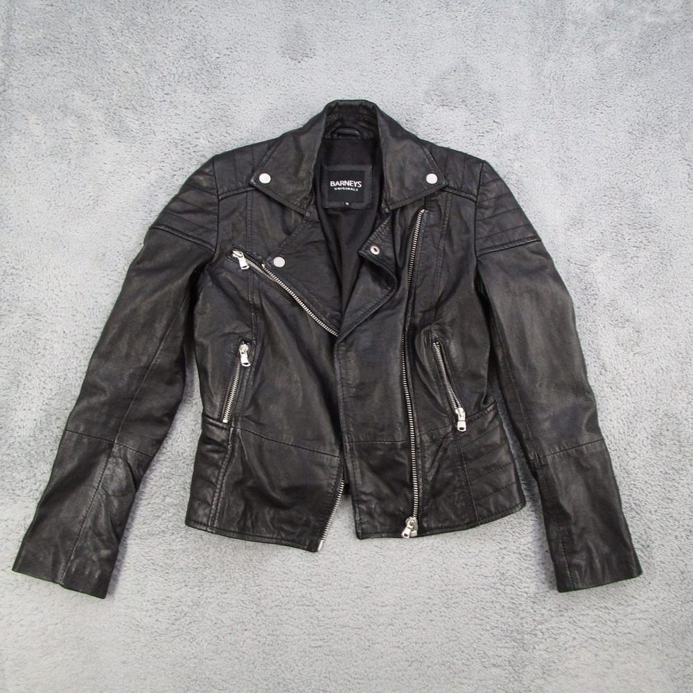 Barneys Originals Womens Black Sheep Leather Moto Biker Jacket Size 8